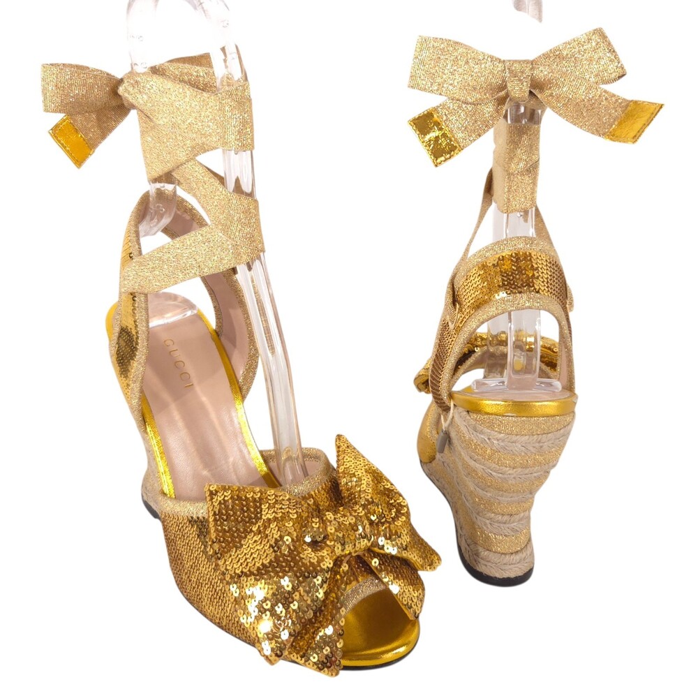 Gucci Sequin Bow Lace-Up Espadrille Wedge Sandals US 8 EU 38 Womens Gold $890